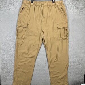 KingSize Mens Cargo Pants XL 38 Big Tan Elastic Waistband Pocket 100% Cotton NEW